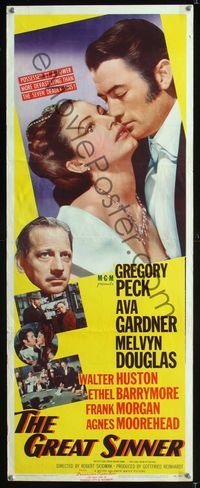 1q271 GREAT SINNER insert poster '49 compulsive gambler Gregory Peck, Ava Gardner, Melvyn Douglas