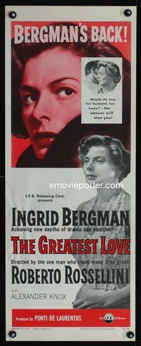 1q273 GREATEST LOVE insert poster '54 great close up image of Ingrid Bergman, Roberto Rossellini