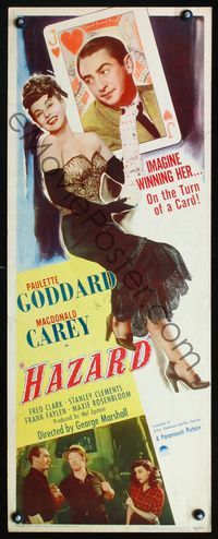 1q294 HAZARD insert poster '48 great art of sexy Paulette Goddard winning Carey gambling at cards!