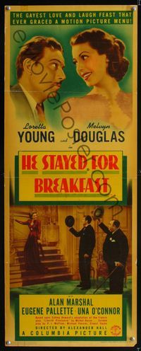 1q295 HE STAYED FOR BREAKFAST insert movie poster '40 Loretta Young, Melvyn Douglas