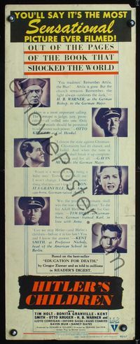 1q311 HITLER'S CHILDREN insert movie poster '43 out of the pages of the book that shocked the world!