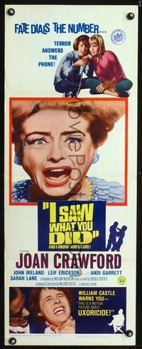 1q338 I SAW WHAT YOU DID insert movie poster '65 Joan Crawford, William Castle, uxoricide!