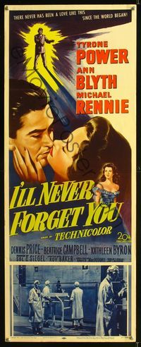 1q342 I'LL NEVER FORGET YOU insert movie poster '51 art of Tyrone Power, Ann Blyth & Michael Rennie!