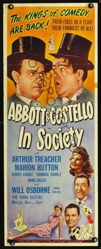 1q344 IN SOCIETY insert movie poster '44 Bud Abbott & Lou Costello wearing top hats!