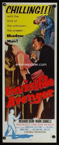 1q353 INVISIBLE AVENGER insert movie poster '58 the unseen Shadow Man, cool artwork!