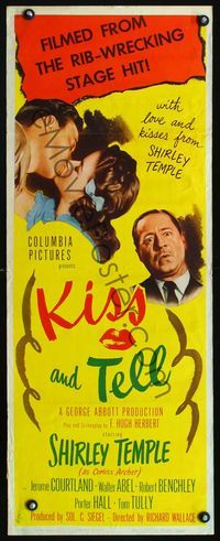 1q385 KISS & TELL insert movie poster '45 Jerome Courtland gets love and kisses from Shirley Temple!