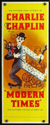 1q441 MODERN TIMES insert movie poster R60s wonderful artwork of Charlie Chaplin!