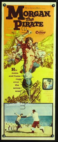 1q445 MORGAN THE PIRATE insert movie poster '61 great close up art of barechested Steve Reeves!