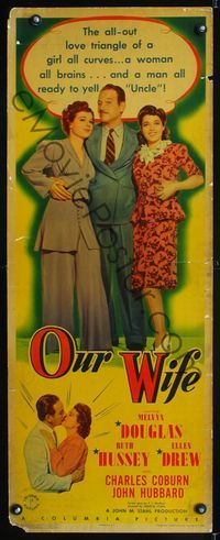 1q465 OUR WIFE insert movie poster '41 Melvyn Douglas' love triangle with Ruth Hussey & Ellen Drew!