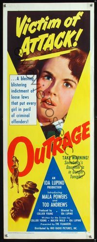 1q468 OUTRAGE insert movie poster '50 Mala Powers is a victim of attack, directed by Ida Lupino!