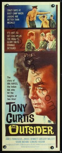 1q469 OUTSIDER insert poster '62 great close up art of Tony Curtis as Ira Hayes of Iwo Jima fame!
