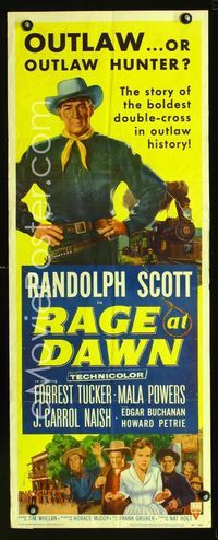 1q497 RAGE AT DAWN insert movie poster '55 cool artwork of outlaw hunter Randolph Scott by train!