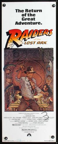 1q498 RAIDERS OF THE LOST ARK insert poster R82 great artwork of Harrison Ford by Richard Amsel!