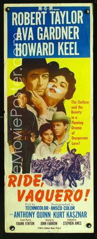 1q505 RIDE VAQUERO insert movie poster '53 outlaw Robert Taylor & beauty Ava Gardner!