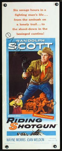 1q506 RIDING SHOTGUN insert movie poster '54 great artwork of Randolph Scott with smoking gun!