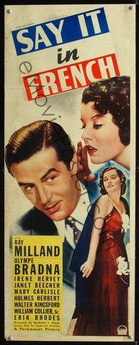 1q523 SAY IT IN FRENCH insert movie poster '38 Ray Milland & sexy Olympe Bradna close up!