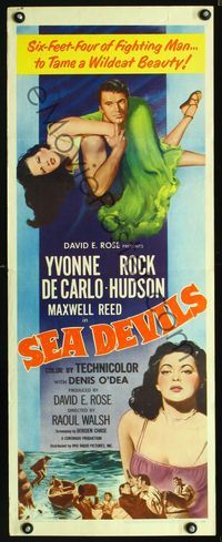 1q526 SEA DEVILS insert movie poster '53 great image of Rock Hudson carrying sexy Yvonne De Carlo!