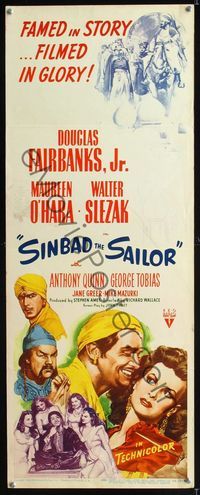1q539 SINBAD THE SAILOR insert poster '46 artwork of Douglas Fairbanks Jr. & sexy Maureen O'Hara!