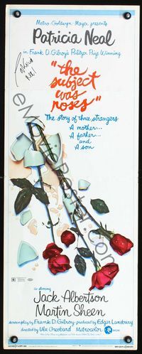 1q562 SUBJECT WAS ROSES signed insert poster '68 by Patricia Neal, cool broken vase of roses image!