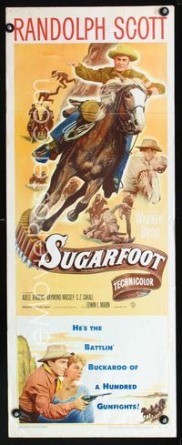 1q565 SUGARFOOT insert movie poster '51 great artwork of of cowboy Randolph Scott on horseback!
