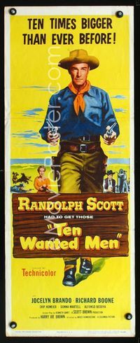 1q579 TEN WANTED MEN insert poster '54 cool artwork of cowboy Randolph Scott with two six-guns!