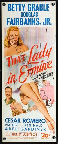 1q580 THAT LADY IN ERMINE insert poster '48 sexy full-length Betty Grable, Douglas Fairbanks Jr.
