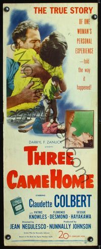 1q586 THREE CAME HOME insert movie poster '49 Claudette Colbert, women without their men!