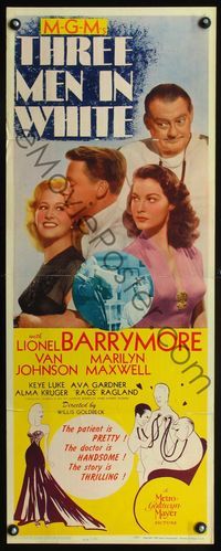1q587 THREE MEN IN WHITE insert poster '44 Barrymore, Van Johnson, sexy Ava Gardner, Hirschfeld art!