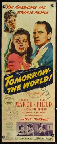 1q593 TOMORROW THE WORLD insert poster '44 Fredric March & Betty Field try to redeem Nazi youth!