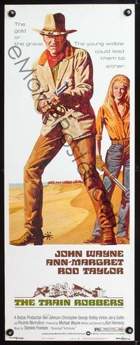 1q597 TRAIN ROBBERS insert movie poster '73 great full-length art of John Wayne & Ann-Margret!