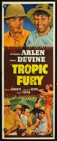 1q600 TROPIC FURY insert movie poster '39 Richard Arlen & Andy Devine go to the Amazon Jungle!