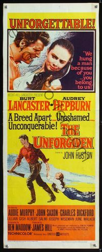 1q607 UNFORGIVEN insert movie poster '60 Burt Lancaster, Audrey Hepburn, John Huston