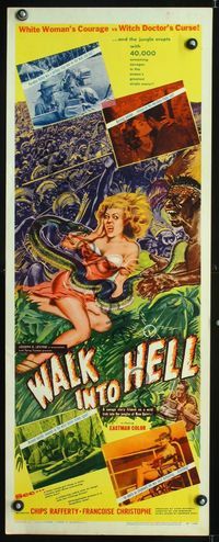 1q616 WALK INTO HELL insert poster '57 great artwork of snake attacking sexy girl in the jungle!