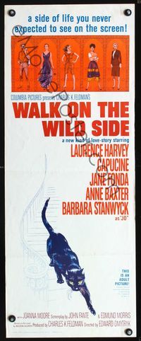 1q617 WALK ON THE WILD SIDE insert movie poster '62 artwork of sexy Jane Fonda & black cat!