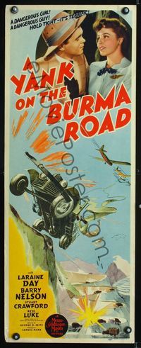 1q652 YANK ON THE BURMA ROAD insert poster '42 Laraine Day, Barry Nelson, wild car wreck artwork!