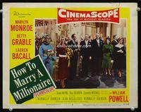 1r047 HOW TO MARRY A MILLIONAIRE movie lobby card #7 '53 Marilyn Monroe & Betty Grable at wedding!