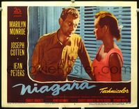 1r038 NIAGARA movie lobby card #2 '53 close up of sexy Jean Peters & Joseph Cotten!