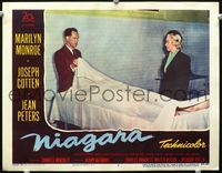 1r034 NIAGARA movie lobby card #6 '53 shocked Marilyn Monroe identifying body at the morgue!