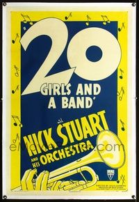 1s048 20 GIRLS & A BAND linen one-sheet R46 cool artwork & graphic design of hand playing trumpet!