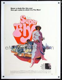1s007 SUPER FLY linen 30x40 '72 great artwork of Ron O'Neal with car & girl sticking it to The Man!
