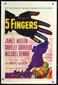1s054 5 FINGERS linen 1sh '52 James Mason, Danielle Darrieux, true story of the most fabulous spy!