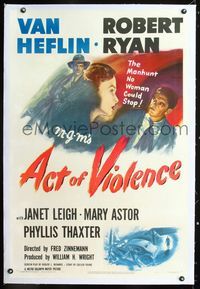 1s059 ACT OF VIOLENCE linen 1sheet '49 Fred Zinnemann, art of Janet Leigh, Van Heflin & Robert Ryan!