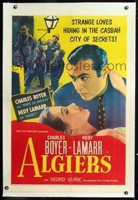 1s060 ALGIERS linen 1sh R53 romantic close up of Charles Boyer & pretty Hedy Lamarr in the Casbah!