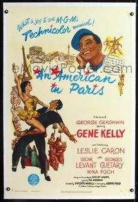 1s064 AMERICAN IN PARIS linen 1sheet '51 wonderful artwork of Gene Kelly dancing with Leslie Caron!