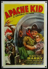1s071 APACHE KID linen 1sh '41 art of Don Red Barry & Lynn Merrick on stagecoach chased by Indian!