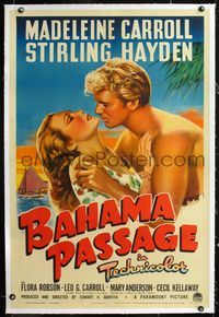 1s076 BAHAMA PASSAGE linen 1sheet '41 romantic artwork of sexy Madeleine Carroll & Sterling Hayden!