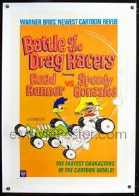 1s080 BATTLE OF THE DRAG RACERS linen 1sh '66 great art of Speedy Gonzales vs Road Runner in cars!