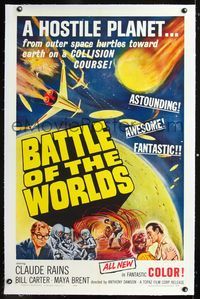 1s081 BATTLE OF THE WORLDS linen 1sh '61 cool Italian sci-fi, flying saucers from an enemy planet!