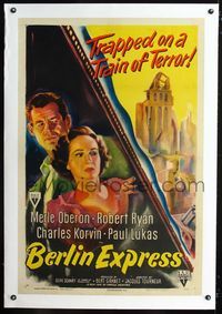1s083 BERLIN EXPRESS linen 1sh '48 art of Merle Oberon & Robert Ryan, directed by Jacques Tourneur!