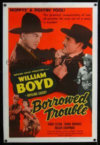 1s096 BORROWED TROUBLE linen one-sheet '48 close up of William Boyd as Hopalong Cassidy fighting!